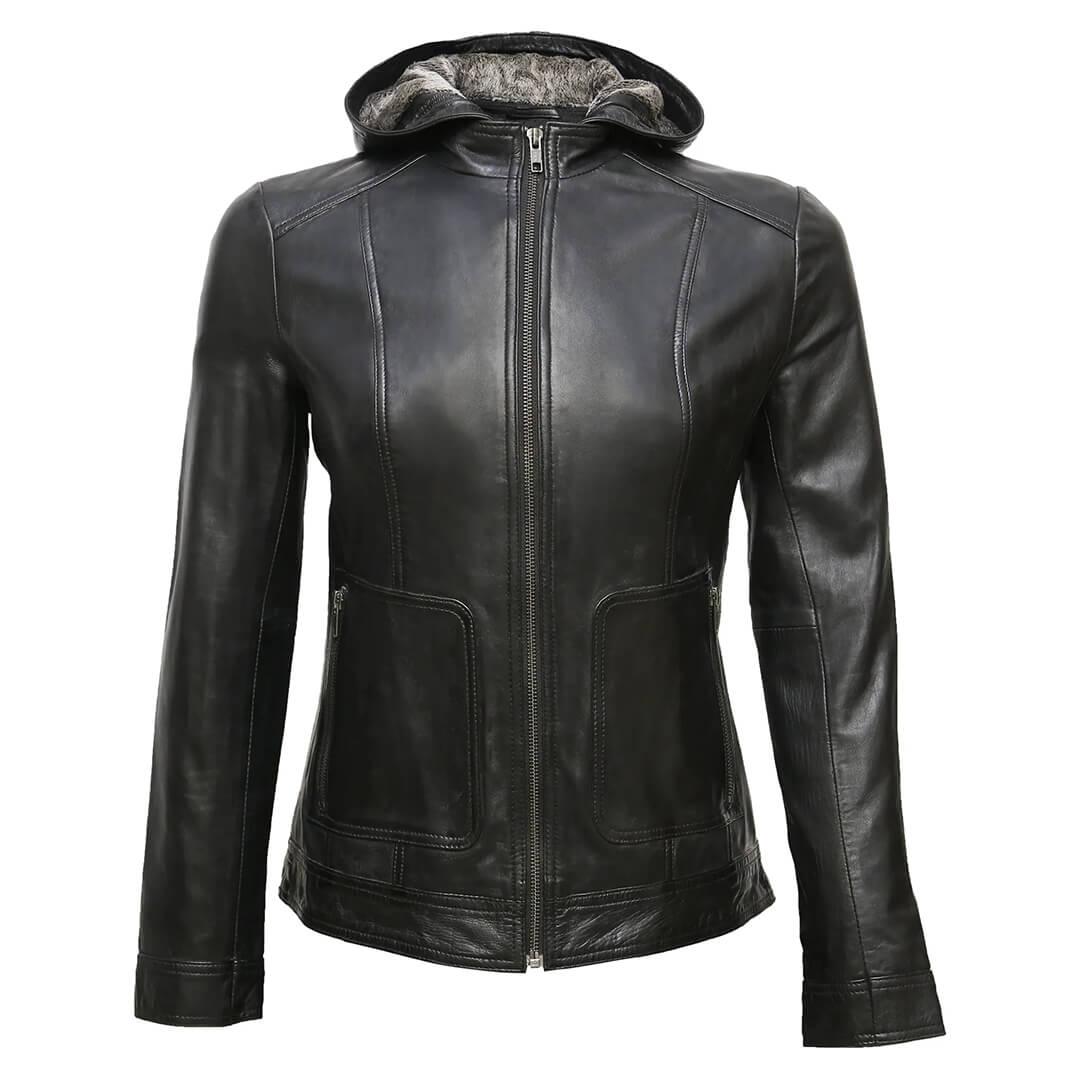 Hallen Black Leather Biker Hooded Jacket